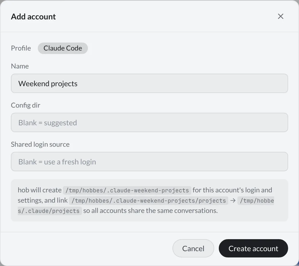 Add account dialog for Claude Code with a name, config directory, shared login source, and preview of the shared conversation directory