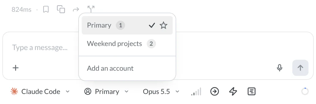 Claude Code's account menu with Primary selected and Weekend projects available, above the pane's backend, account, and model chips