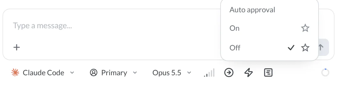 Agent composer with the Auto approval menu open, Off checked for this pane, a default star beside each choice, and the Fast mode and Plan controls