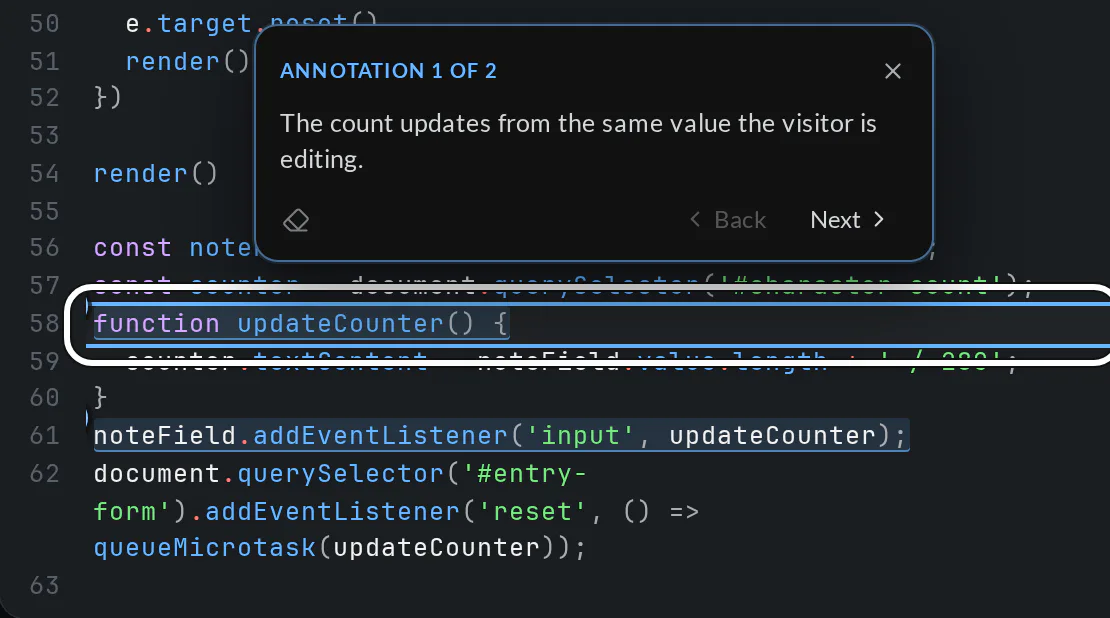 The guestbook counter code with two agent annotation markers and an Annotation 1 of 2 card with Next