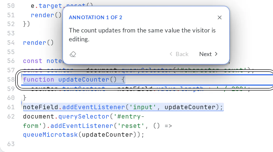 The guestbook counter code with two agent annotation markers and an Annotation 1 of 2 card with Next