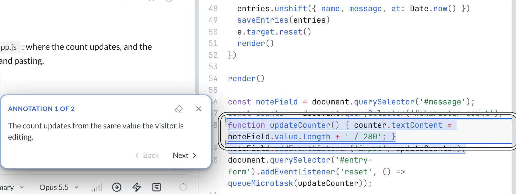 The counter code in app.js with an agent annotation marker on updateCounter and an Annotation 1 of 2 card with Back and Next