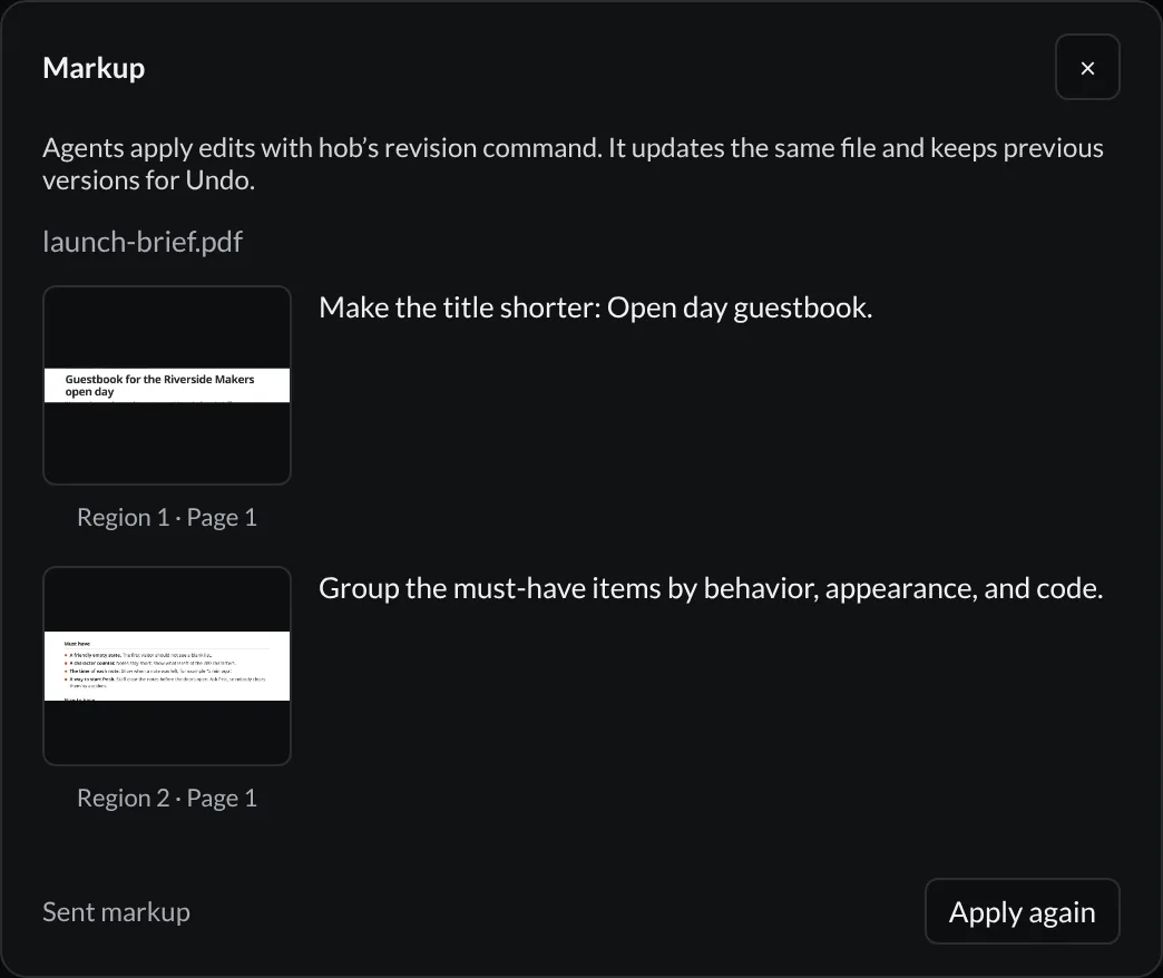 Markup details for the sent launch brief markup, with two region previews, read-only notes, and Apply again