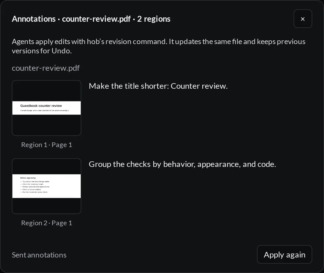 Annotation details for a sent counter-review PDF batch, with two region previews, read-only notes, and Apply again