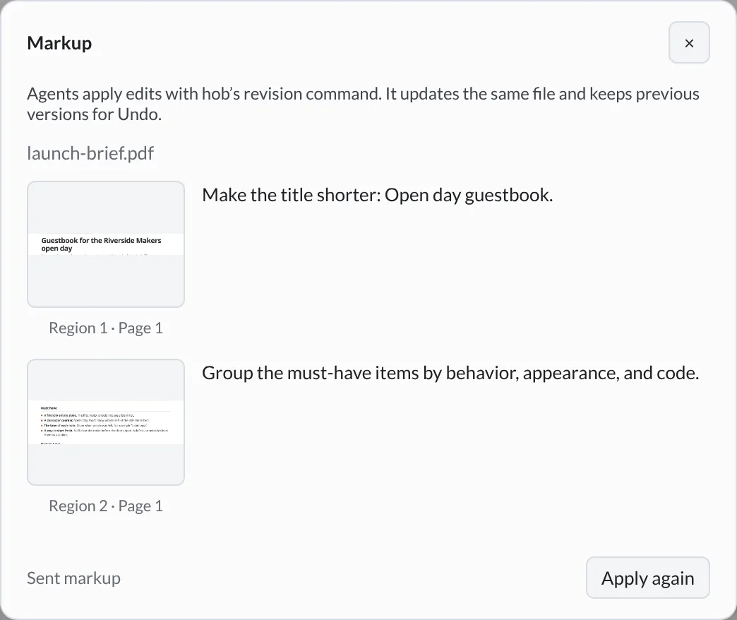 Markup details for the sent launch brief markup, with two region previews, read-only notes, and Apply again