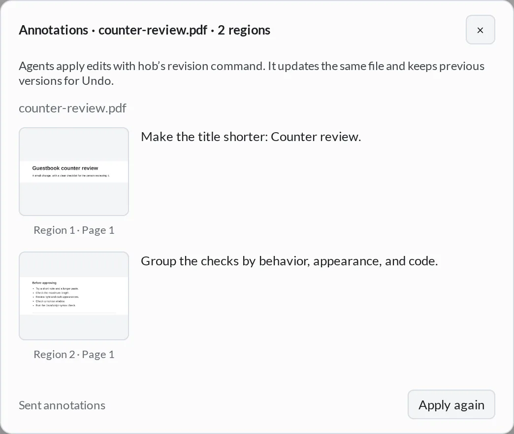 Annotation details for a sent counter-review PDF batch, with two region previews, read-only notes, and Apply again