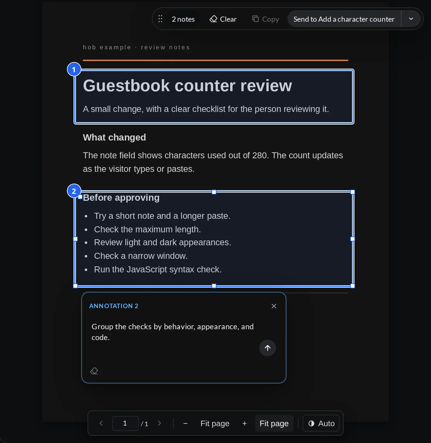 The illustrative counter-review PDF with two numbered markup regions, a note editor, and the Send to agent toolbar