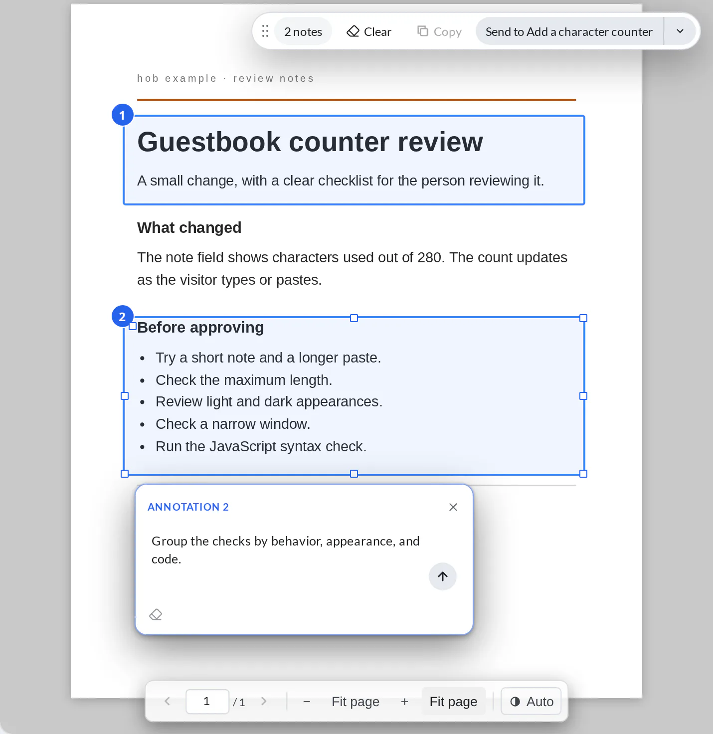 The illustrative counter-review PDF with two numbered markup regions, a note editor, and the Send to agent toolbar