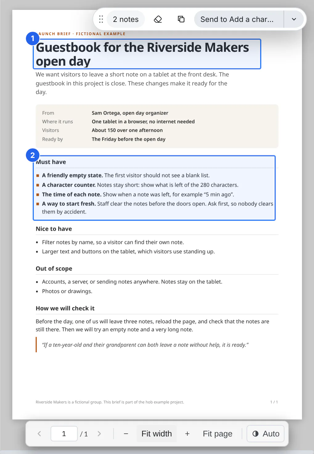 The launch brief PDF with two numbered markup regions, and the markup toolbar with 2 notes and Send to the counter agent
