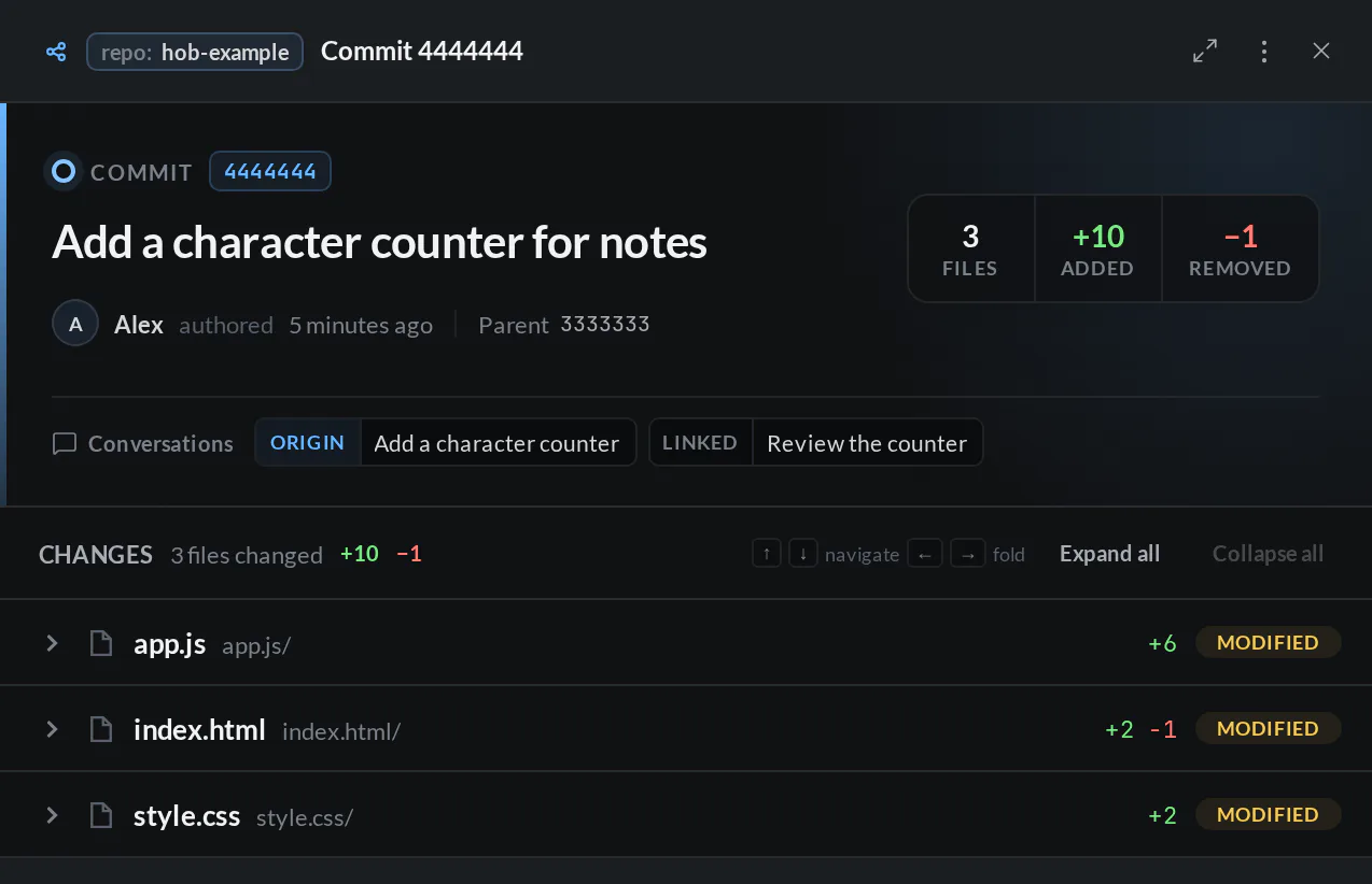 Guestbook counter commit with its message, three modified files, and Conversations entries for the originating implementer and linked reviewer