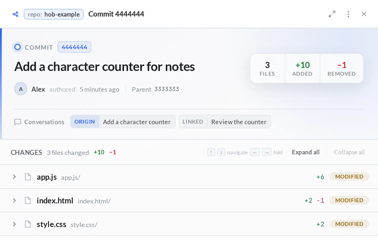 Guestbook counter commit with its message, three modified files, and Conversations entries for the originating implementer and linked reviewer