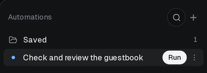 The Automations quick-launch panel with Check and review the guestbook and its Run control