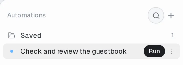 The Automations quick-launch panel with Check and review the guestbook and its Run control