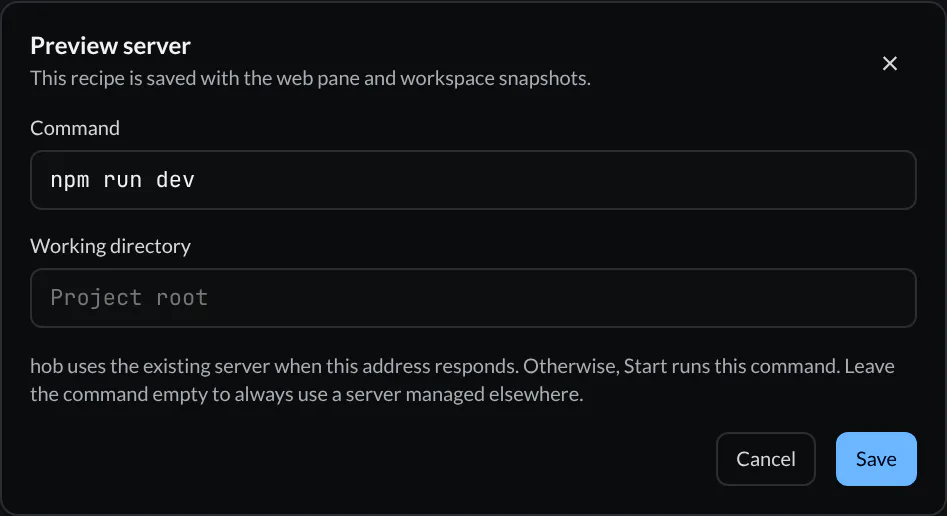 Configure preview server dialog with npm run dev, the working directory left to the project root, and guidance about using an existing server