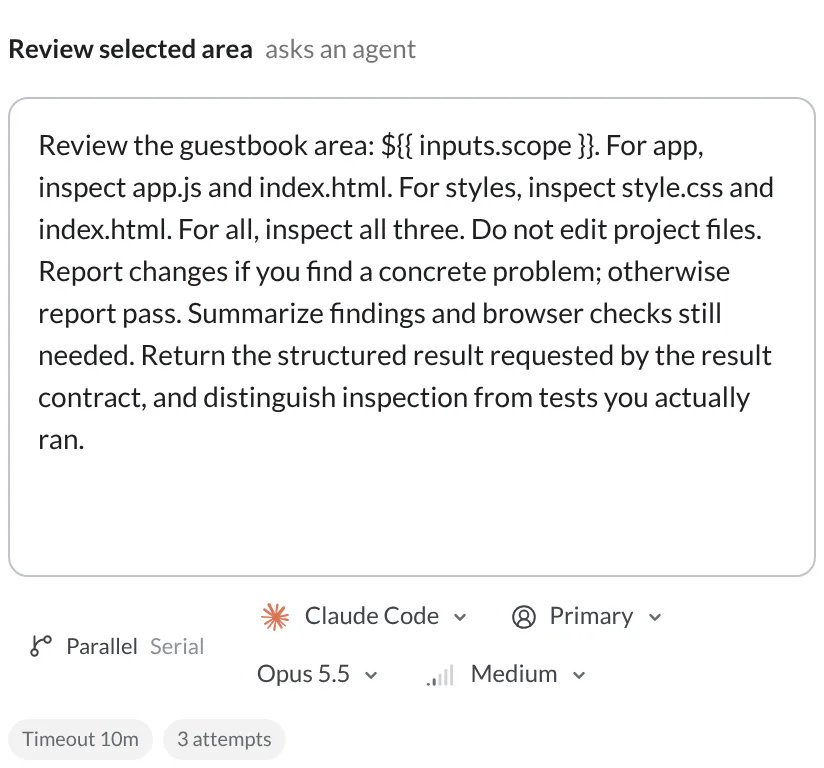 An agent step in the automation Configuration tab with editable instructions, backend and model controls, parallel grouping, timeout, and retry metadata