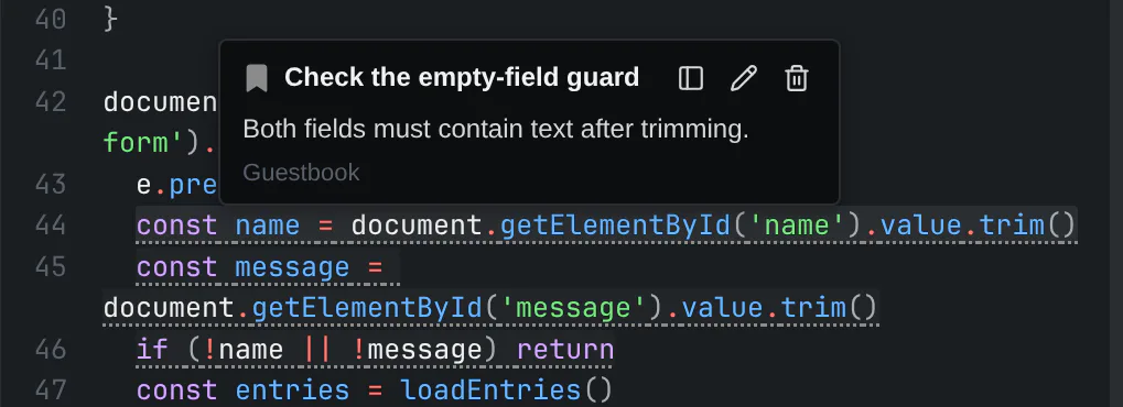 Three bookmarked lines in app.js trim the name and message and reject empty fields, with dotted underlines and the Check the empty-field guard hover card