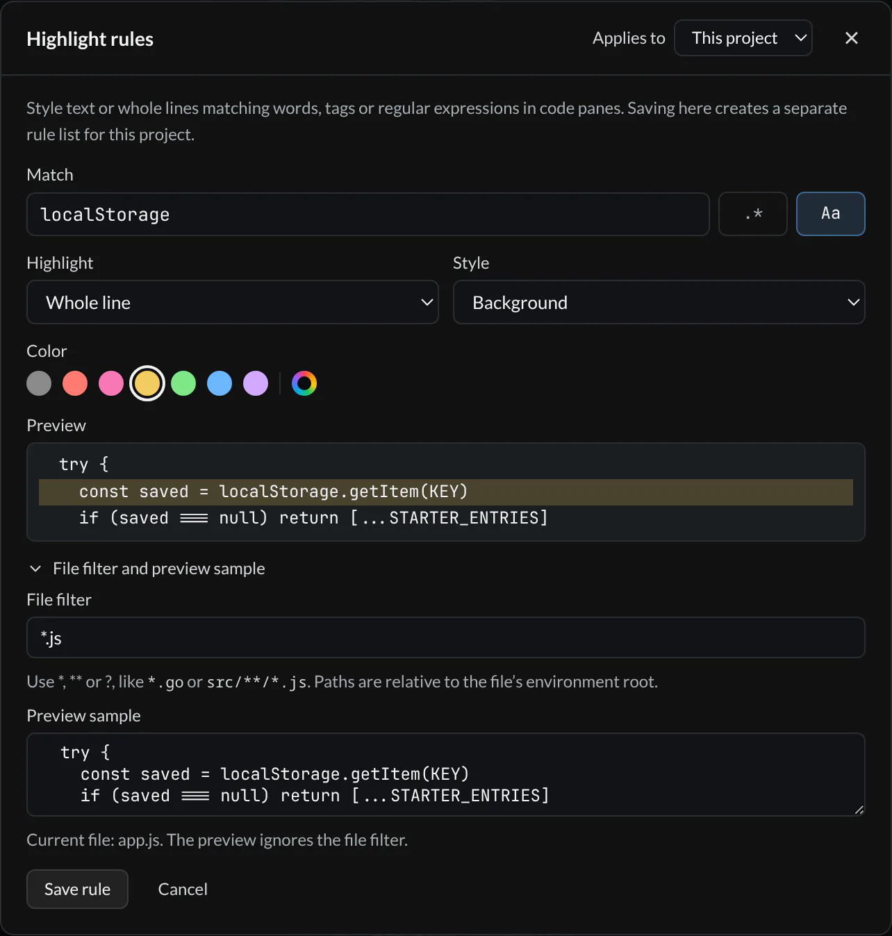 Highlight rules editor for localStorage with Whole line, Background, yellow, a JavaScript file filter, and a preview of the guestbook saveEntries function