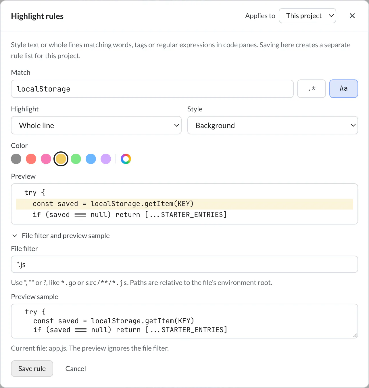 Highlight rules editor for localStorage with Whole line, Background, yellow, a JavaScript file filter, and a preview of the guestbook saveEntries function
