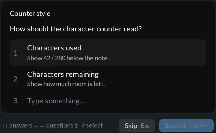An Agent needs your input card asking whether the guestbook counter should show characters used or remaining, with a custom answer field