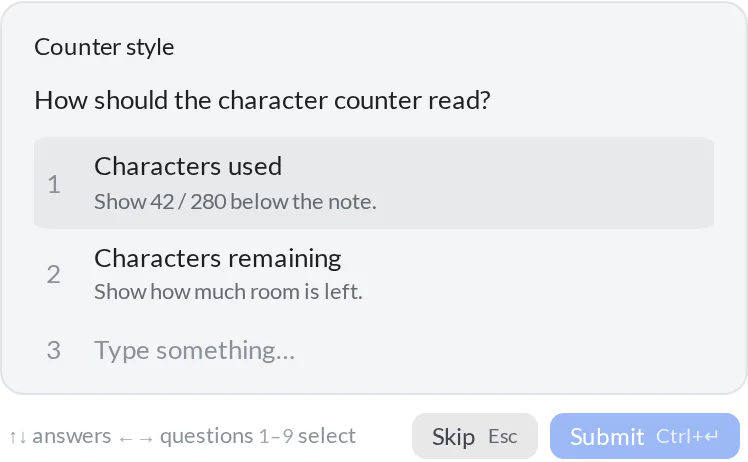 An Agent needs your input card asking whether the guestbook counter should show characters used or remaining, with a custom answer field