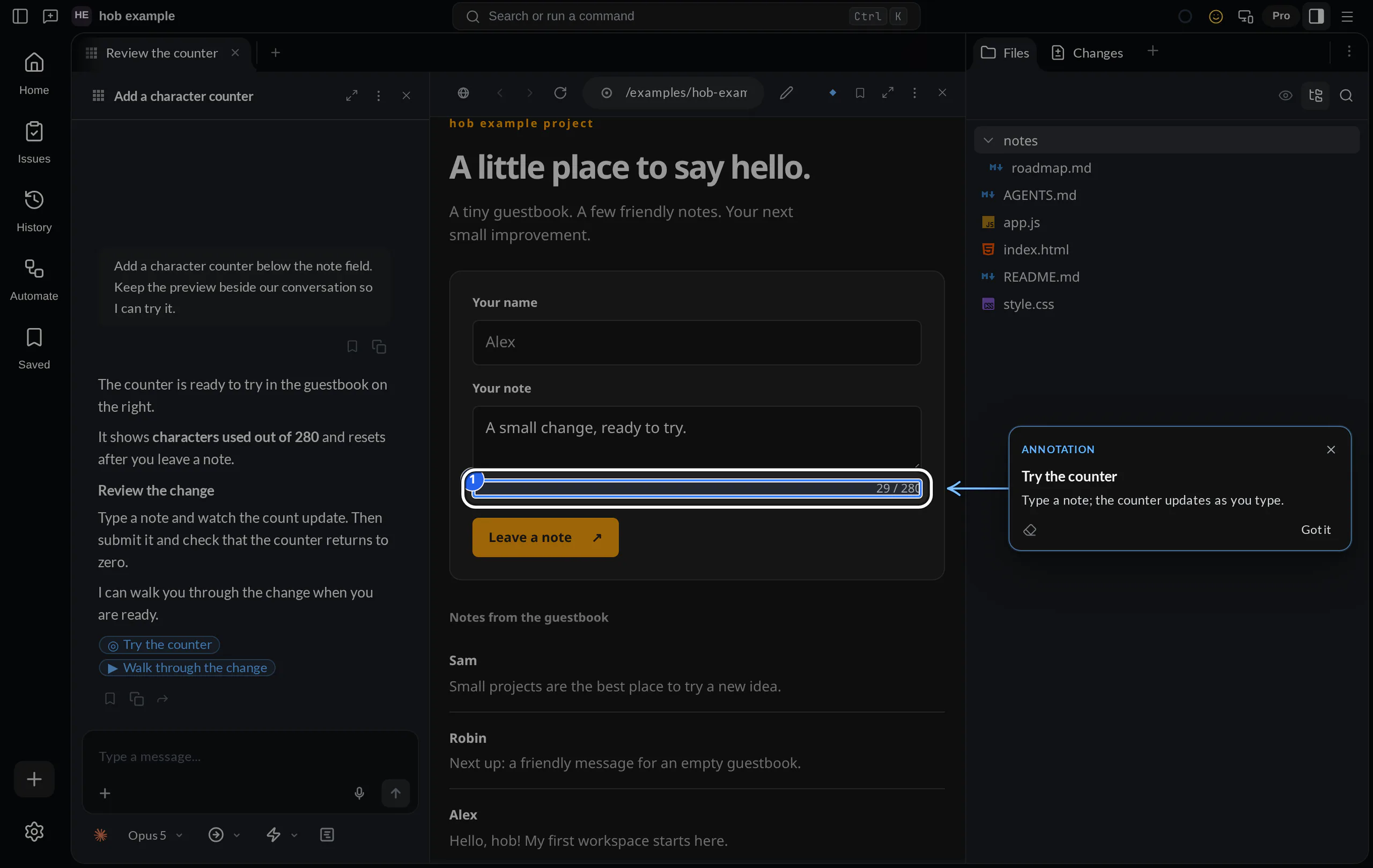 An agent conversation beside the example guestbook in a hob web pane, with attention pointing to the character counter and the Files Dock open
