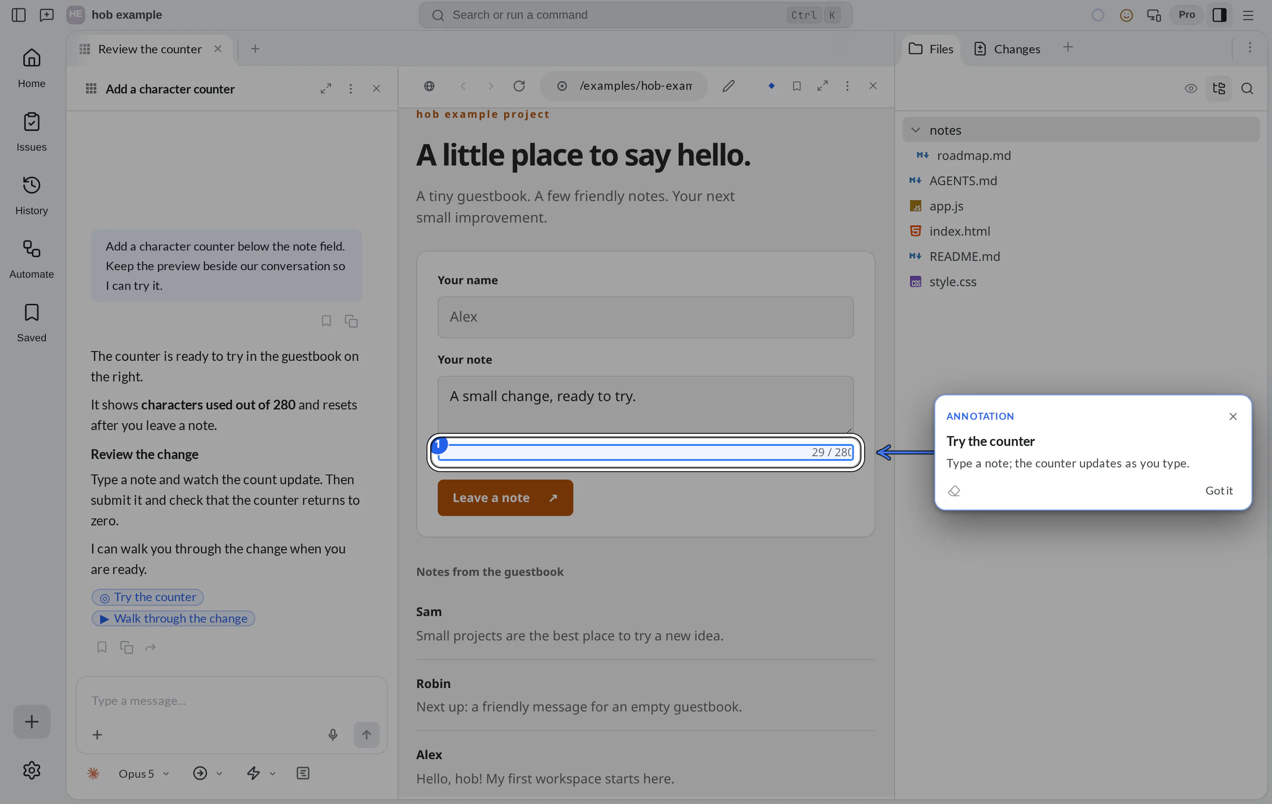 An agent conversation beside the example guestbook in a hob web pane, with attention pointing to the character counter and the Files Dock open