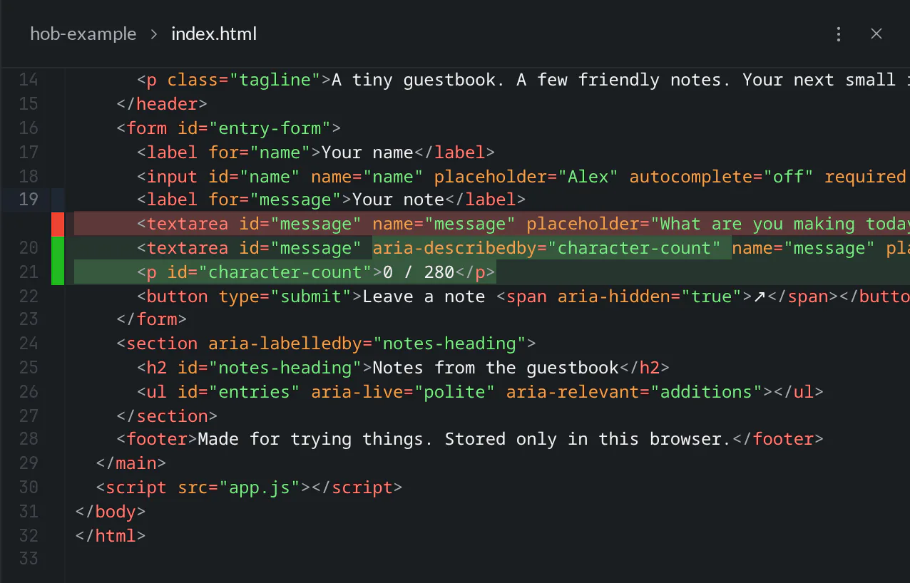 The reopened index.html diff retains the highlighted counter markup, while the restored browser-local storage footer has no change highlighting