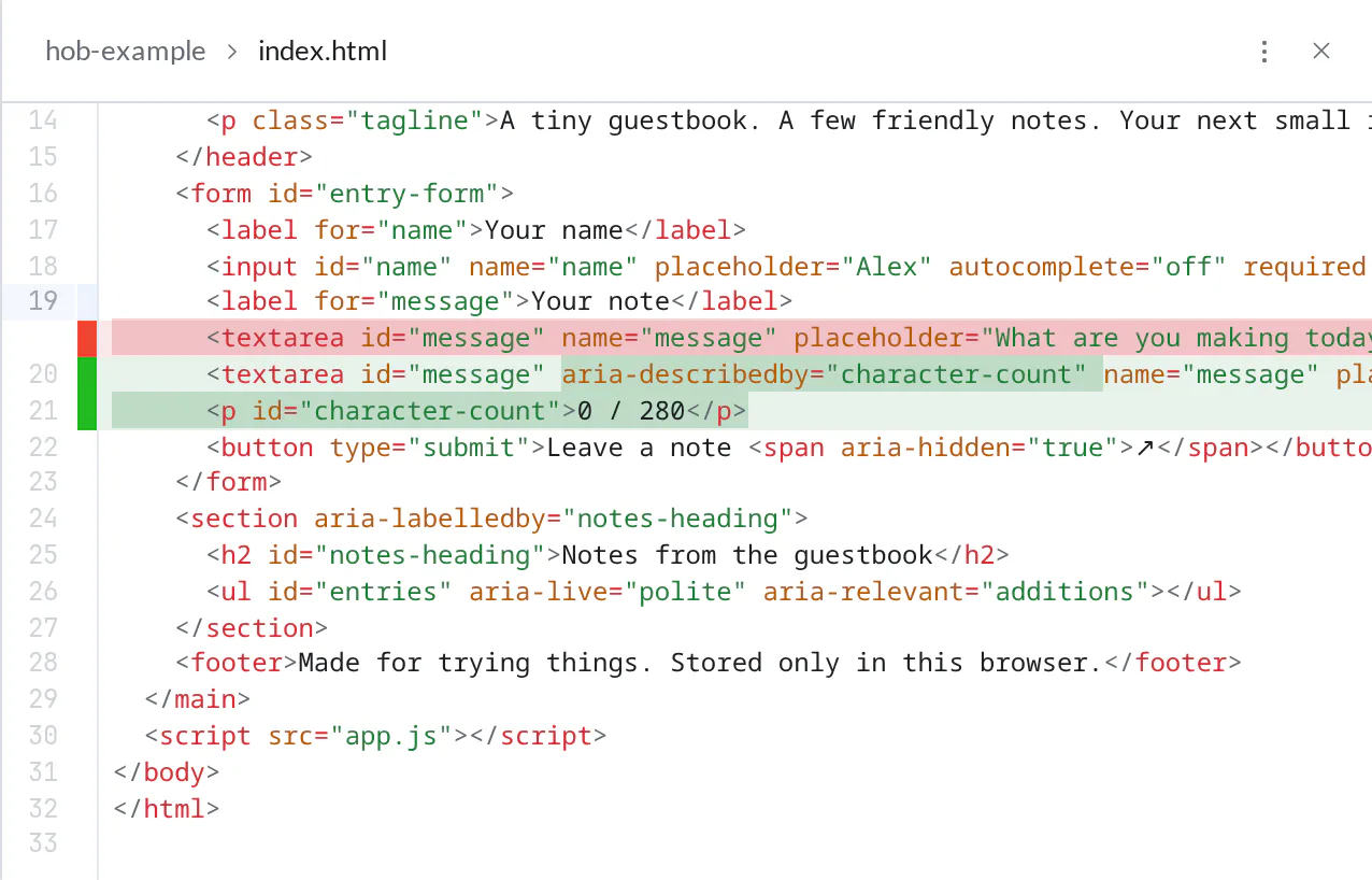 The reopened index.html diff retains the highlighted counter markup, while the restored browser-local storage footer has no change highlighting