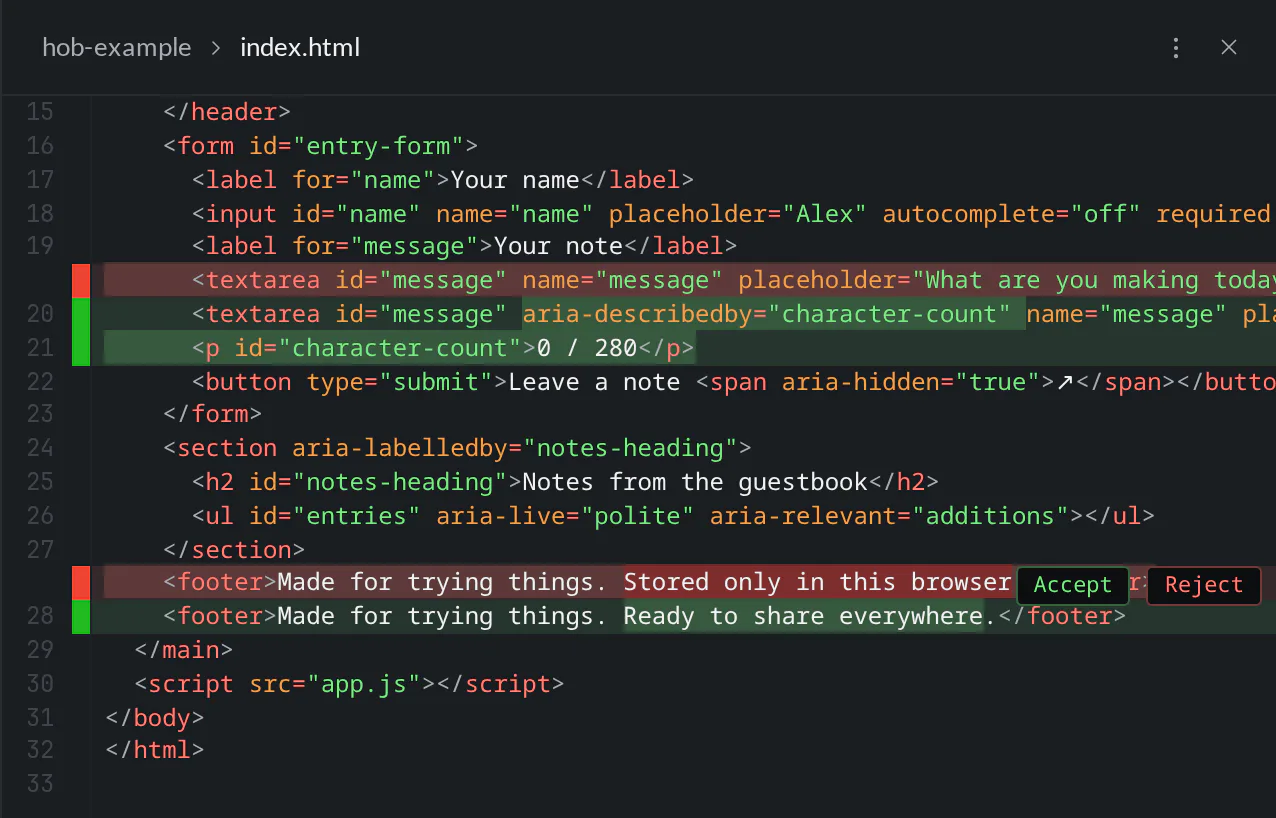 index.html in a unified diff, with the counter markup added and a separate footer replacement; hovering the footer chunk exposes Accept and Reject