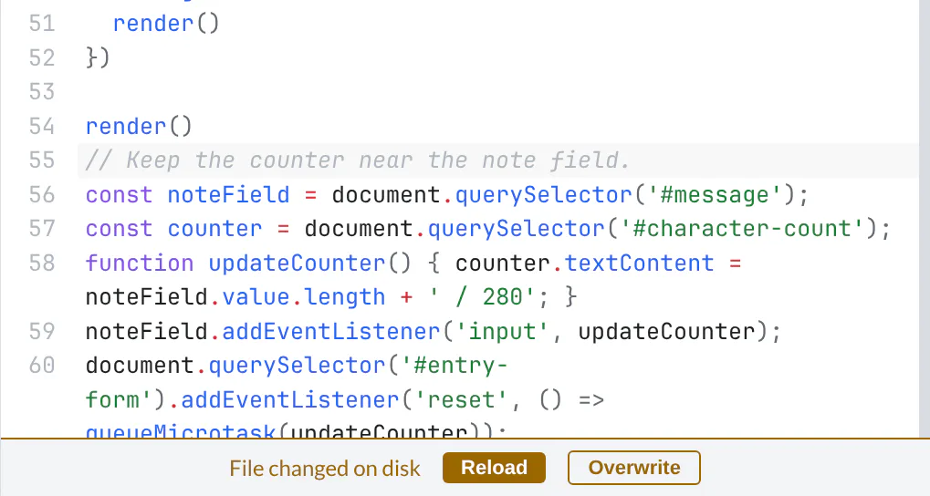 The counter source with a locally typed comment and a File changed on disk bar offering Reload and Overwrite