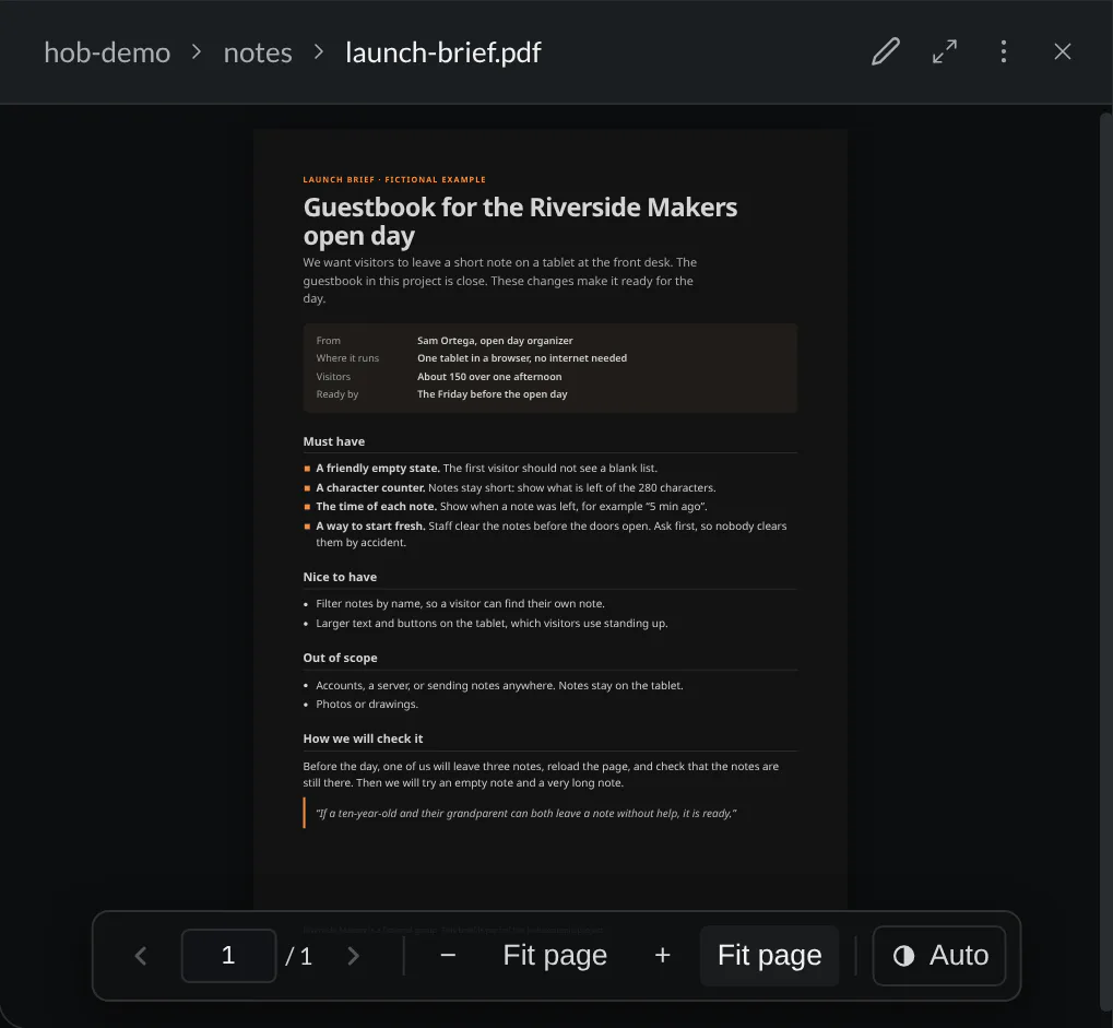 The demo's one-page launch brief PDF inside hob, with page navigation, fit controls, and automatic appearance