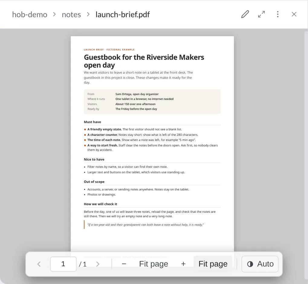 The demo's one-page launch brief PDF inside hob, with page navigation, fit controls, and automatic appearance