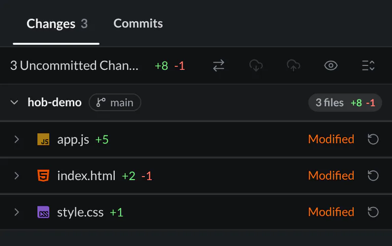 Changes showing the guestbook's modified app.js, index.html, and style.css files
