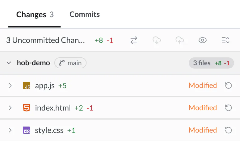 Changes showing the guestbook's modified app.js, index.html, and style.css files