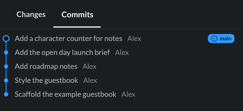 Source Control commit history with Add a character counter for notes above the example-project starter commits