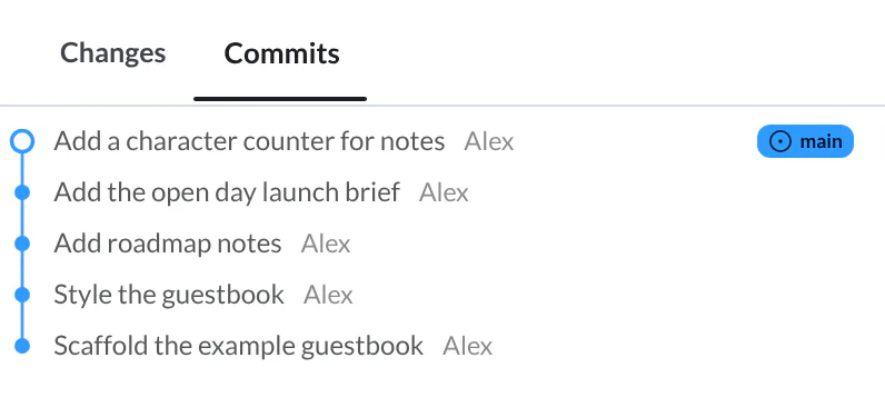 Source Control commit history with Add a character counter for notes above the example-project starter commits