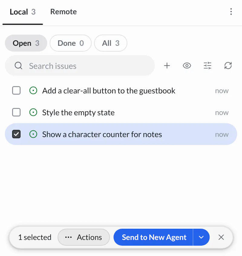 The three local guestbook issues, with Show a character counter for notes selected and Send to New Agent in the selection bar