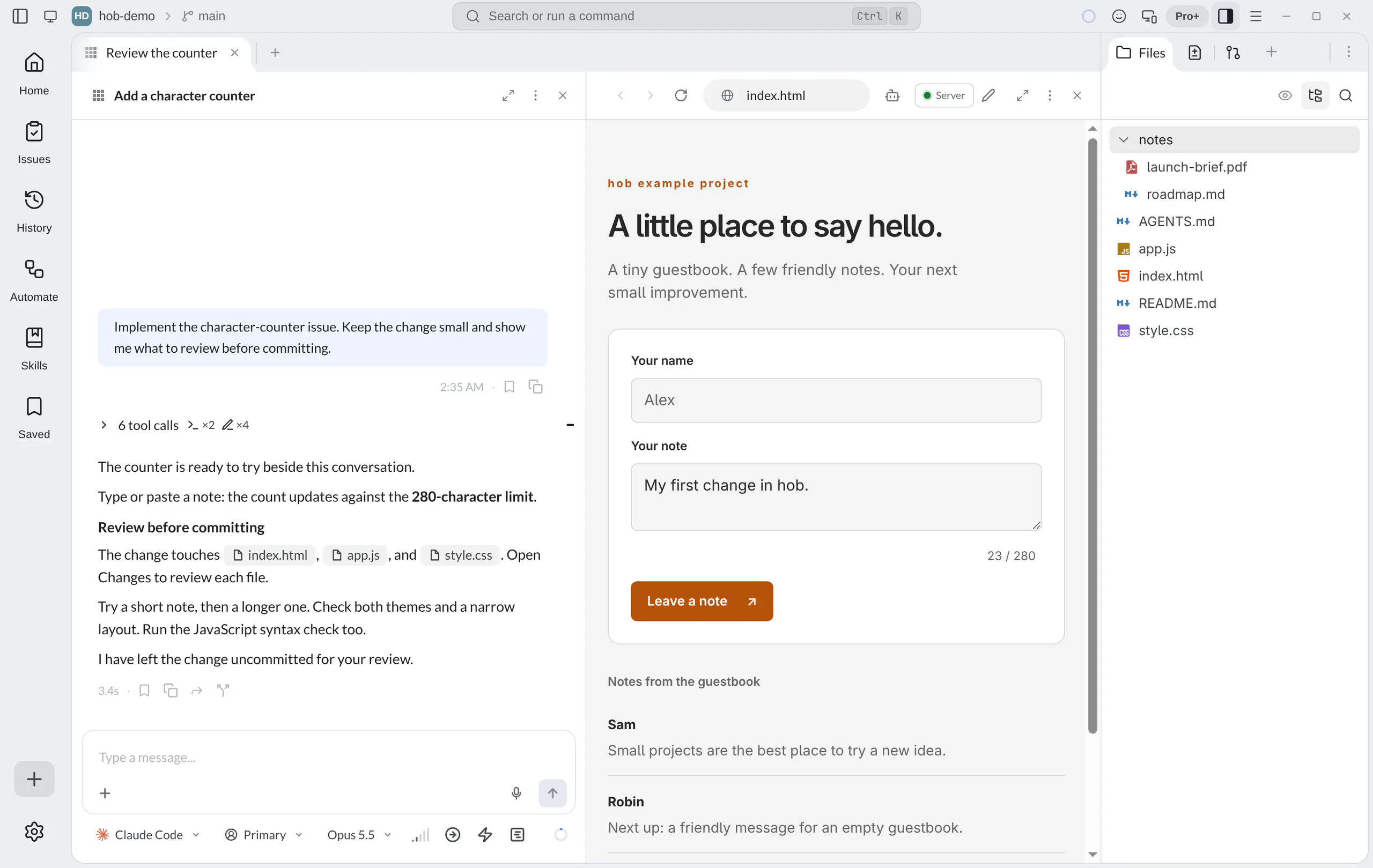The agent explaining the completed character counter beside the guestbook preview with a typed note and live count, with the Files Dock open