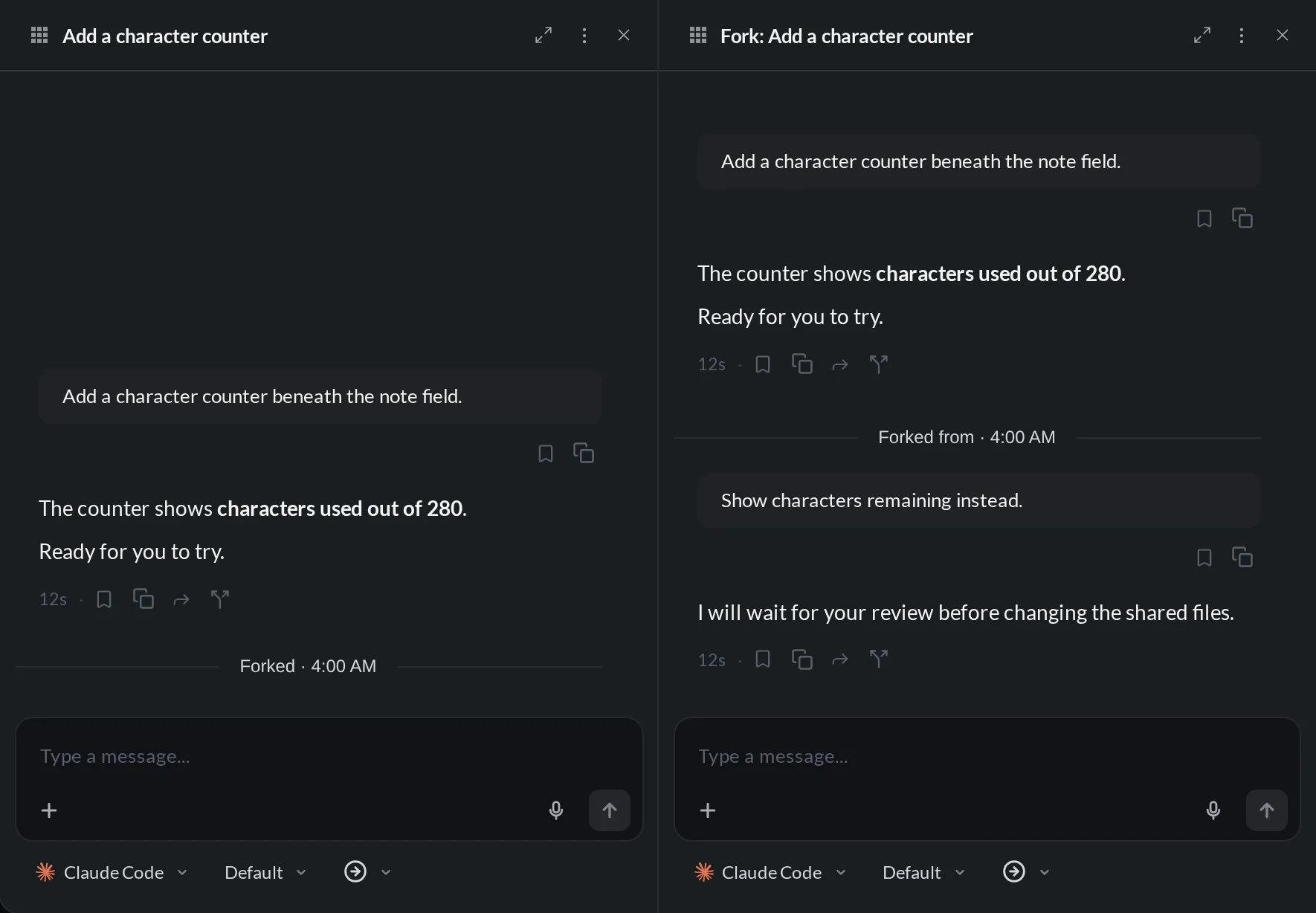 Original counter conversation and its fork with reciprocal lineage buttons and the new request for characters remaining