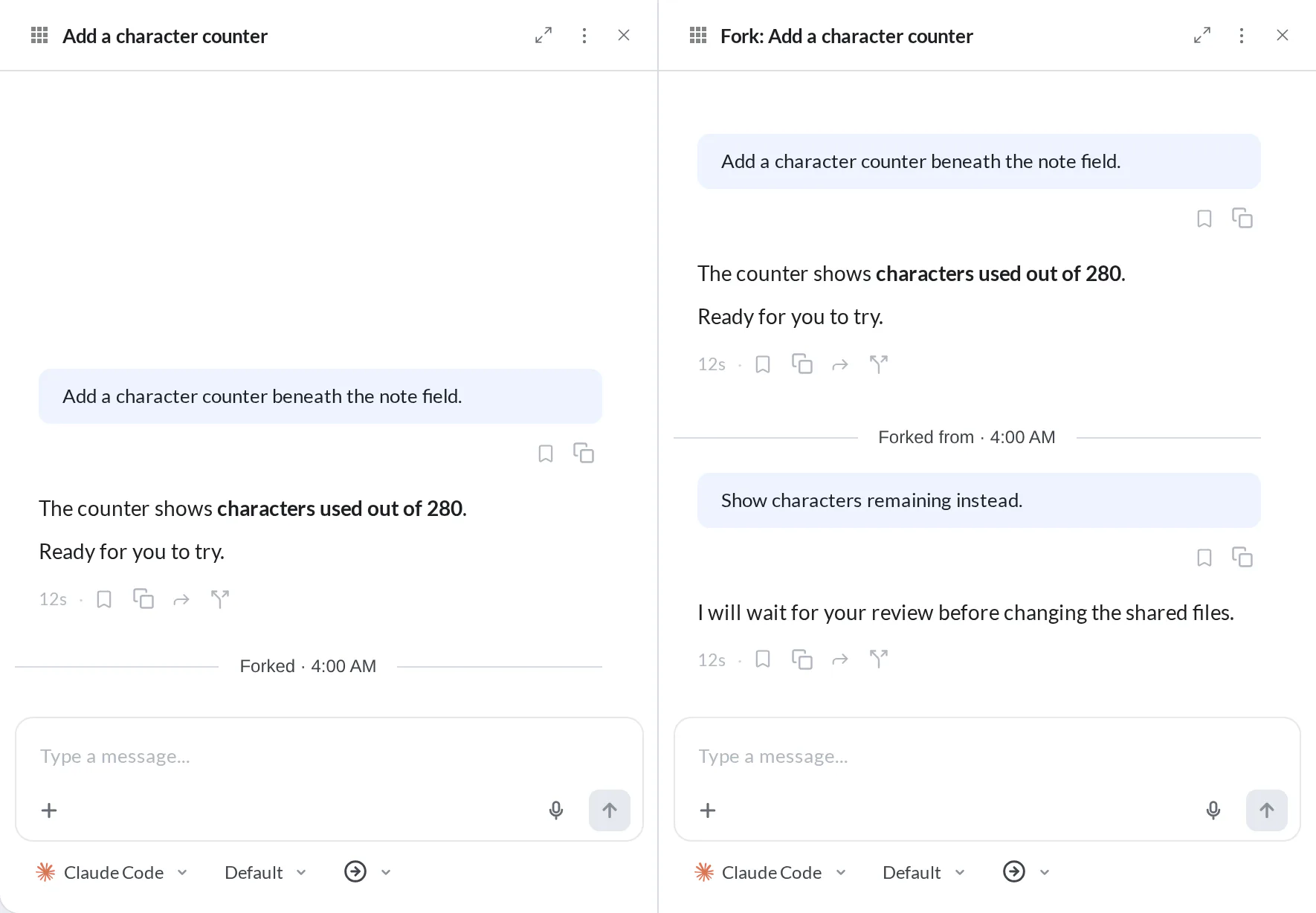 Original counter conversation and its fork with reciprocal lineage buttons and the new request for characters remaining