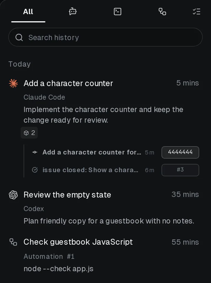History showing the counter conversation with its commit and closed issue expanded, another agent conversation, and a guestbook JavaScript automation run