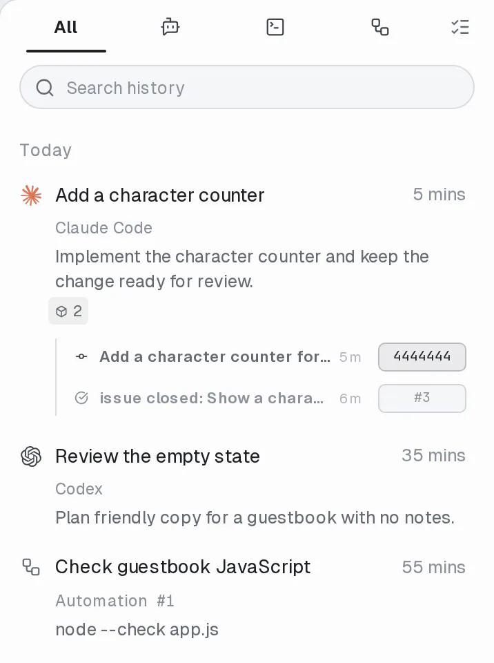 History showing the counter conversation with its commit and closed issue expanded, another agent conversation, and a guestbook JavaScript automation run