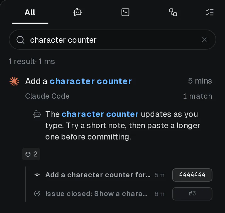 A character counter search with the matching agent reply highlighted beneath its conversation and linked artifacts below