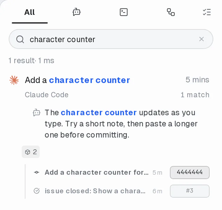 A character counter search with the matching agent reply highlighted beneath its conversation and linked artifacts below
