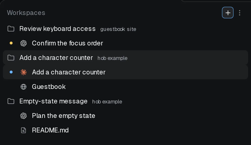 Home lists the hob example project and an illustrative second open project, guestbook site, with expanded pane rows and waiting and unread activity indicators