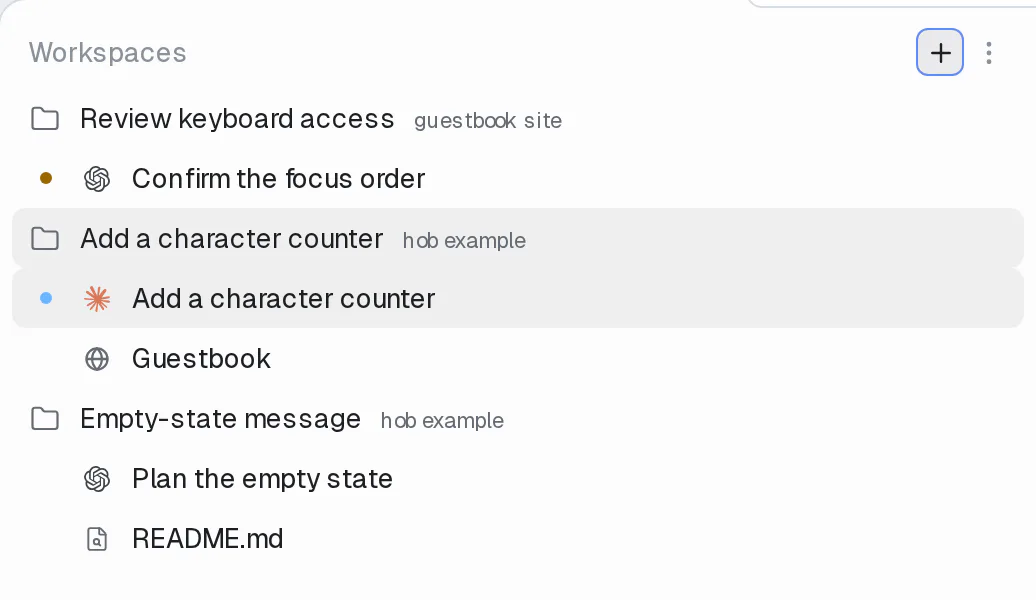 Home lists the hob example project and an illustrative second open project, guestbook site, with expanded pane rows and waiting and unread activity indicators