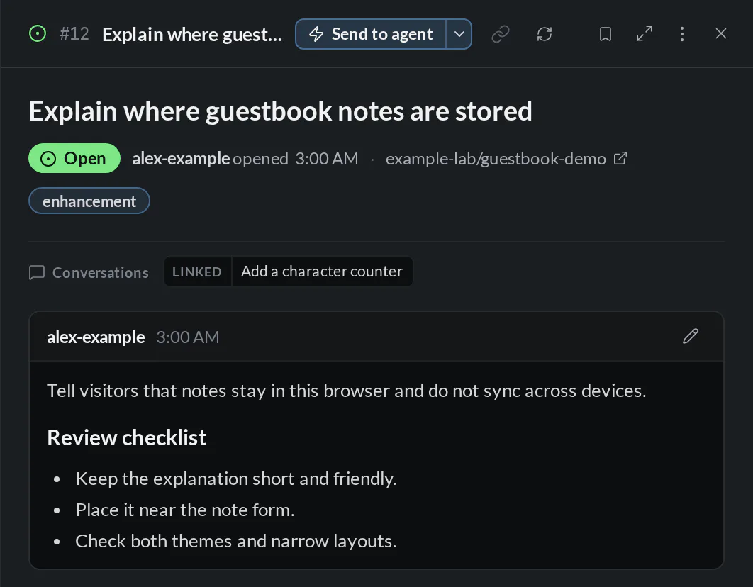 A connected issue for the fictional example-lab/guestbook-demo repository, showing its number, author, enhancement label, conversation link, and review checklist
