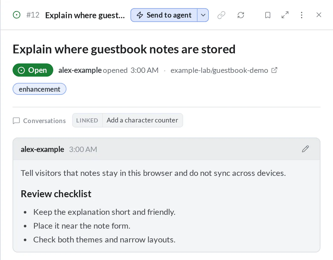 A connected issue for the fictional example-lab/guestbook-demo repository, showing its number, author, enhancement label, conversation link, and review checklist
