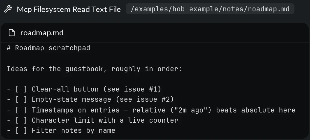An expanded MCP filesystem read-text-file tool call showing the guestbook roadmap path and the first ten lines returned from the file