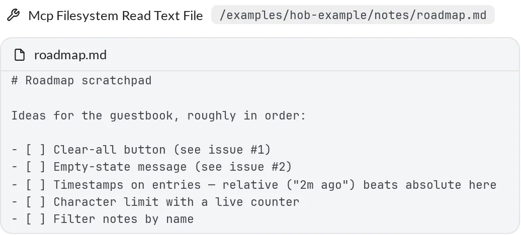 An expanded MCP filesystem read-text-file tool call showing the guestbook roadmap path and the first ten lines returned from the file